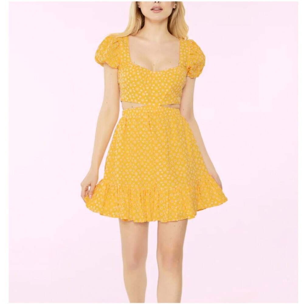 LIKELY Isabella Yellow Puff-Sleeve Embroidered Eyelet Mini Dress